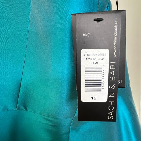 Sachin & Babi Tea length Gown-size 12-teal, metallic sequin lips formal $795 - Picture 9 of 9